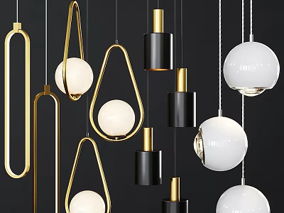 Modern Pendant Lights With Geometric Round Shapes Gold Black And White Color Designs 3d model