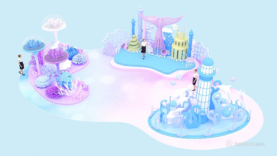 Colorful Cartoon Style Fantasy Island Scene With Various Structures And Figures 3d model 