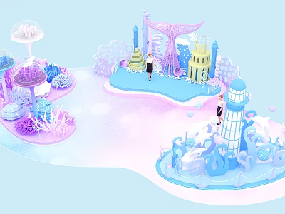 Colorful Cartoon Style Fantasy Island Scene With Various Structures And Figures 3d model