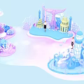 Colorful Cartoon Style Fantasy Island Scene With Various Structures And Figures