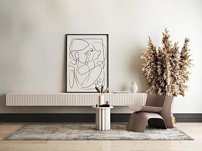 Modern Minimalist Interior Featuring Brown Accent Chair Abstract Line Art Dried Floral And Console Table 3d model