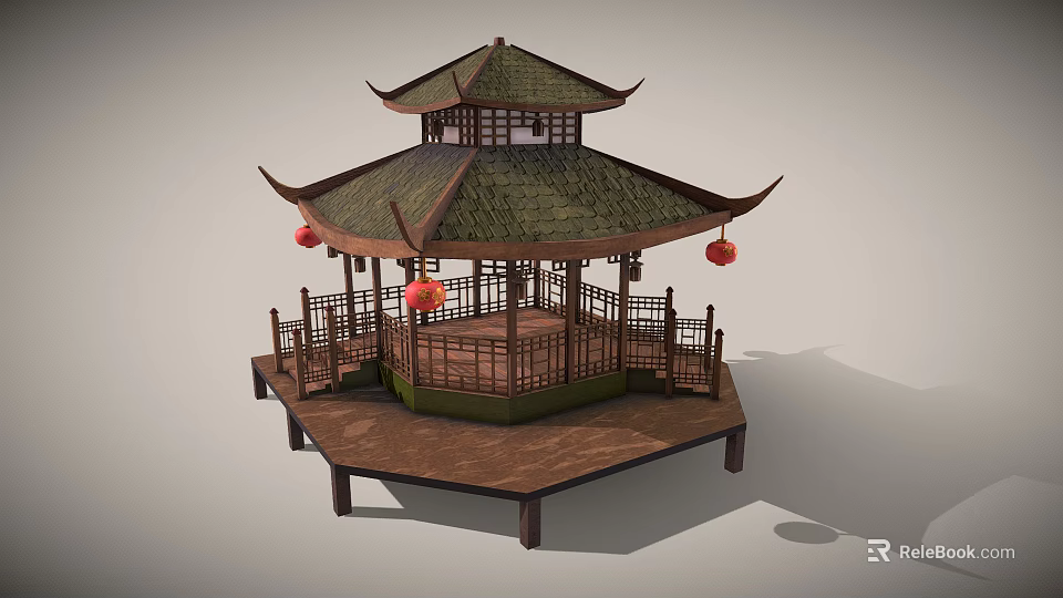 Traditional Chinese Pavilion With Multi Tiered Green Tiled Roof Red Lanterns And Wooden Railings 3d model 