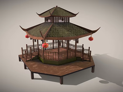 Traditional Chinese Pavilion With Multi Tiered Green Tiled Roof Red Lanterns And Wooden Railings 3d model