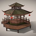 Traditional Chinese Pavilion With Multi Tiered Green Tiled Roof Red Lanterns And Wooden Railings