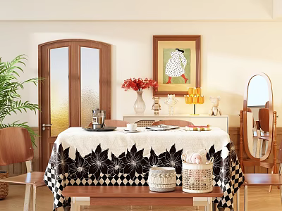 Warm Modern Restaurant Interior With Wooden Door Decorative Painting Green Plant And Black White Tablecloth 3d model