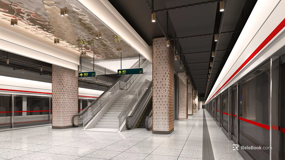 Modern Subway Station Platform With Escalators Decorative Columns And Lighting 3d model 