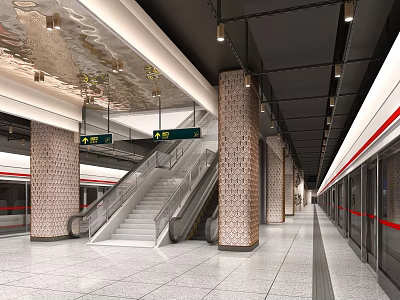 Modern Subway Station Platform With Escalators Decorative Columns And Lighting 3d model