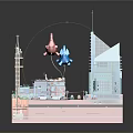 Cartoon City Construction Scene With Colorful Buildings High Rise Structures And Tower Crane