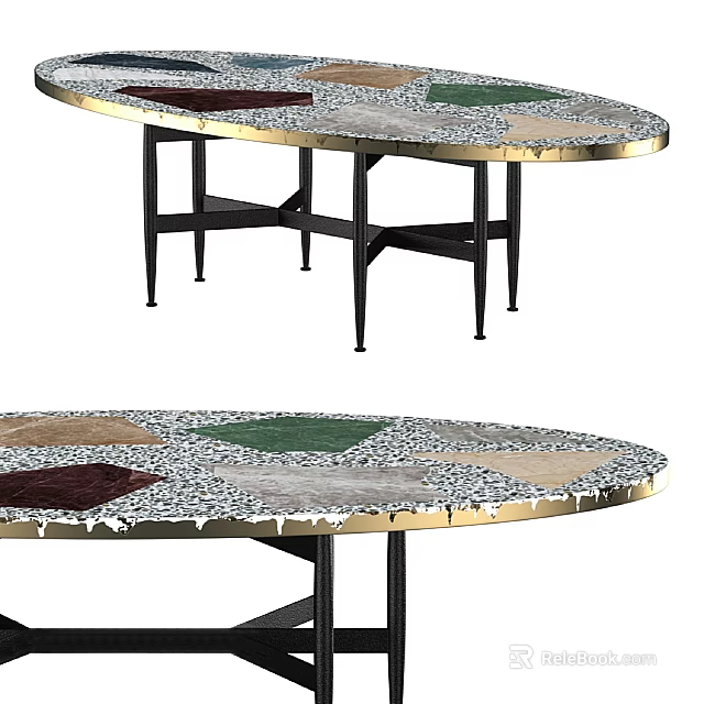 Elegant Sofa Coffee Table Set With Oval Patchwork Top Golden Edge And Black Legs Design 3d model