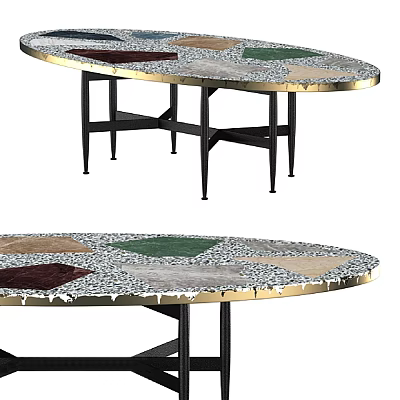 Elegant Sofa Coffee Table Set With Oval Patchwork Top Golden Edge And Black Legs Design 3d model