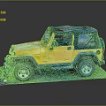 Yellow Jeep with Blue Roof Black Windows and Large Tires on Blue Platform Gray Background