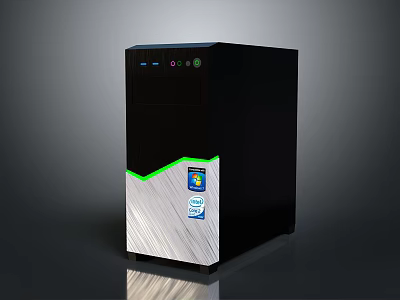 Black Desktop Tower PC With Silver Green Accents And Windows Intel Stickers 3d model
