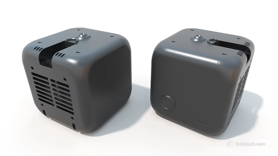 Two Gray Cube Shaped Industrial Equipment With Ventilation Grilles And Control Button 3d model