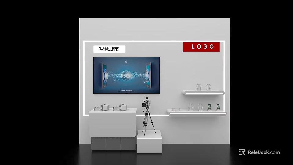 Smart Entertainment Exhibition Island With Large Screen Tripod Camera And Display Shelves 3d model 
