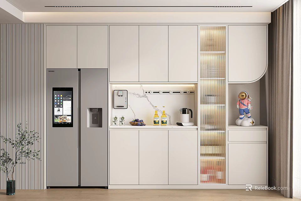 Modern Kitchen Wine Cabinet With Illuminated Glass Shelves And White Cabinets 3d model 