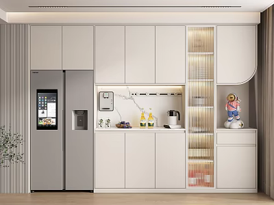 Modern Kitchen Wine Cabinet With Illuminated Glass Shelves And White Cabinets 3d model