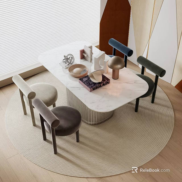 Stylish Dining Table Set with Marble Tabletop Round Base and Multicolored Armrest Chairs 3d model