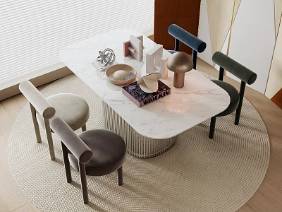 Stylish Dining Table Set with Marble Tabletop Round Base and Multicolored Armrest Chairs 3d model