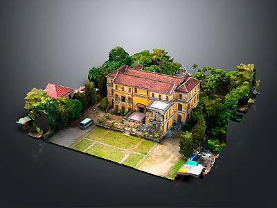 Traditional Yellow Building With Red Roof Surrounded By Green Trees And Lawn 3d model
