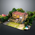 Traditional Yellow Building With Red Roof Surrounded By Green Trees And Lawn