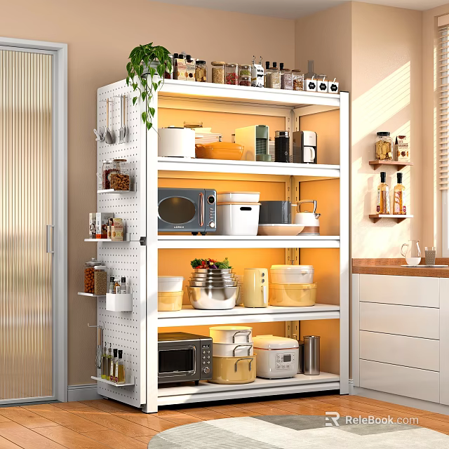 Multi Tiered Kitchen Storage Shelf With Lighting Organizing Microwave Jars And Plants 3d model 
