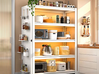 Multi Tiered Kitchen Storage Shelf With Lighting Organizing Microwave Jars And Plants 3d model