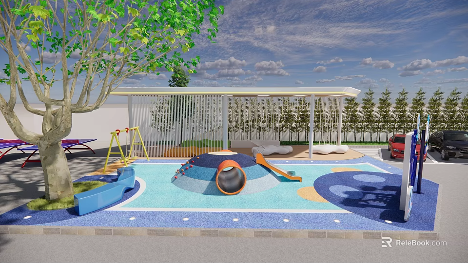 Green Children's Park Landscape With Colorful Slide Swings And Blue Play Ground 3d model 