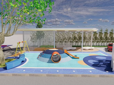 Green Children's Park Landscape With Colorful Slide Swings And Blue Play Ground 3d model