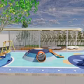Green Children's Park Landscape With Colorful Slide Swings And Blue Play Ground