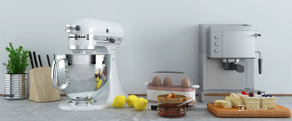 Stylish Kitchen Utensils Stand Mixer Egg Cooker Lemons Bread And Cutting Board 3d model 