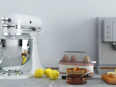 Stylish Kitchen Utensils Stand Mixer Egg Cooker Lemons Bread And Cutting Board 3d model