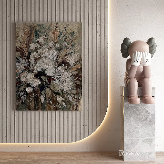 Abstract Painting With White Flowers In Modern Interior Decor And Pink Sculpture 3d model 