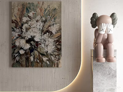 Abstract Painting With White Flowers In Modern Interior Decor And Pink Sculpture 3d model