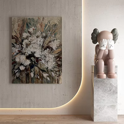 Abstract Painting With White Flowers In Modern Interior Decor And Pink Sculpture 3d model