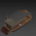Vintage Double Deck Ship With Canopy Roof Metal Staircase Wooden Railing And Brick Walls
