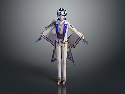 Game Movie Character With Blue White Robe Gold Accents Silver Blue Hair And Ornate Headdress 3d model