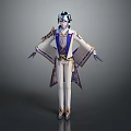 Game Movie Character With Blue White Robe Gold Accents Silver Blue Hair And Ornate Headdress