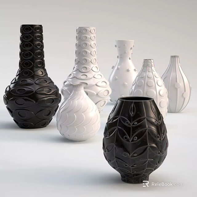 Black And White Decorative Vases With Various Patterns And Different Shapes 3d model 