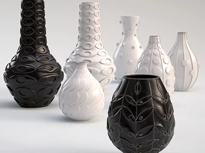 Black And White Decorative Vases With Various Patterns And Different Shapes 3d model