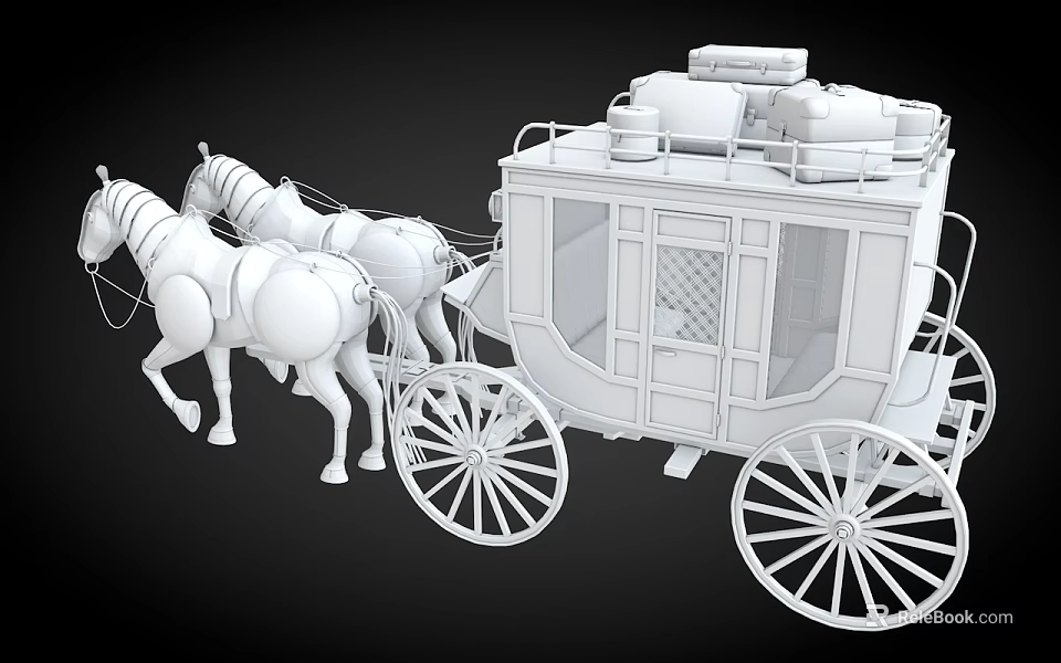 Vintage Horse Drawn Carriage 3D Model With Two Horses Wooden Wheels And Classic Design 3d model 