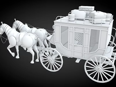 Vintage Horse Drawn Carriage 3D Model With Two Horses Wooden Wheels And Classic Design 3d model