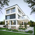 Modern Multi Story Detached Villa With Large Glass Windows And Balconies Surrounded By Greenery