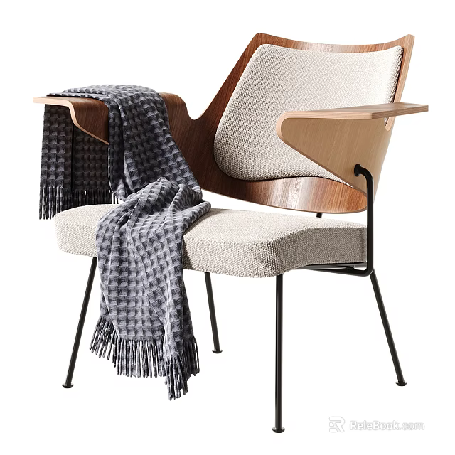 Modern Fabric Upholstered Leisure Chair With Wooden Armrests Metal Legs And Soft Knitted Throw Blanket 3d model 