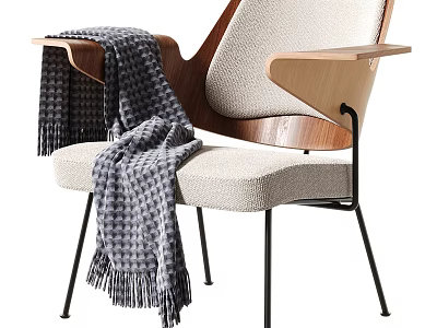 Modern Fabric Upholstered Leisure Chair With Wooden Armrests Metal Legs And Soft Knitted Throw Blanket 3d model