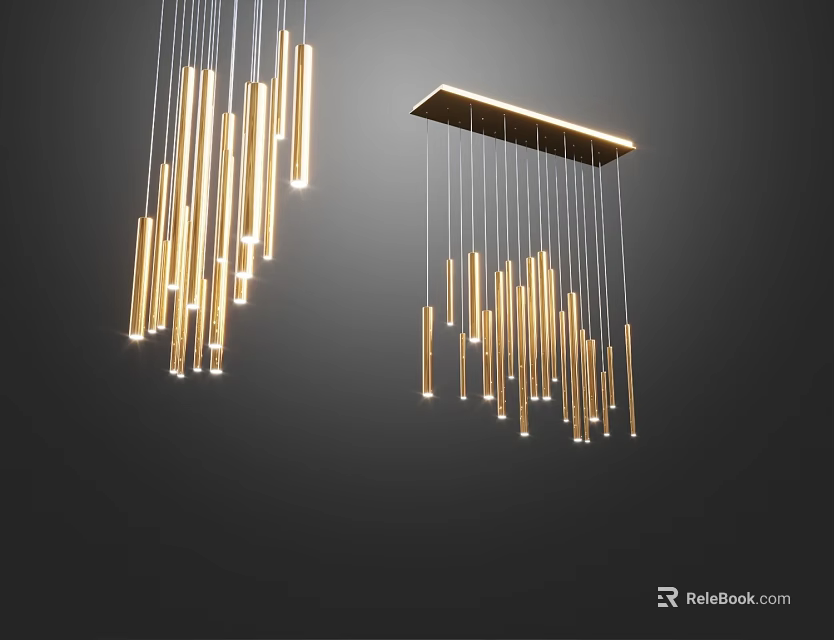 Modern Golden Chandeliers Featuring Multiple Long Slim Hanging Tubes And Stylish Design 3d model 