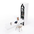 Modern Minimalist White Desk With Bookshelf Vase Phone Magazine And Chair
