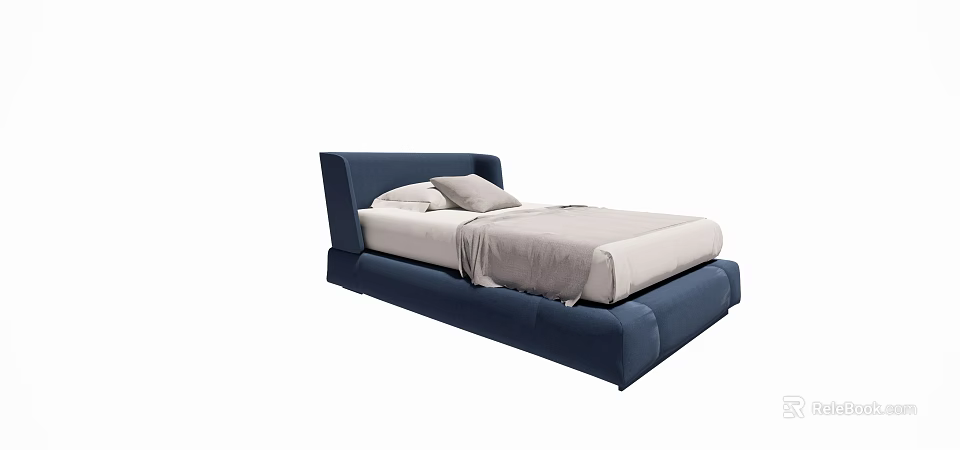 Modern Navy Blue Single Bed With White Pillows And Simple Linen Bedding Design 3d model 