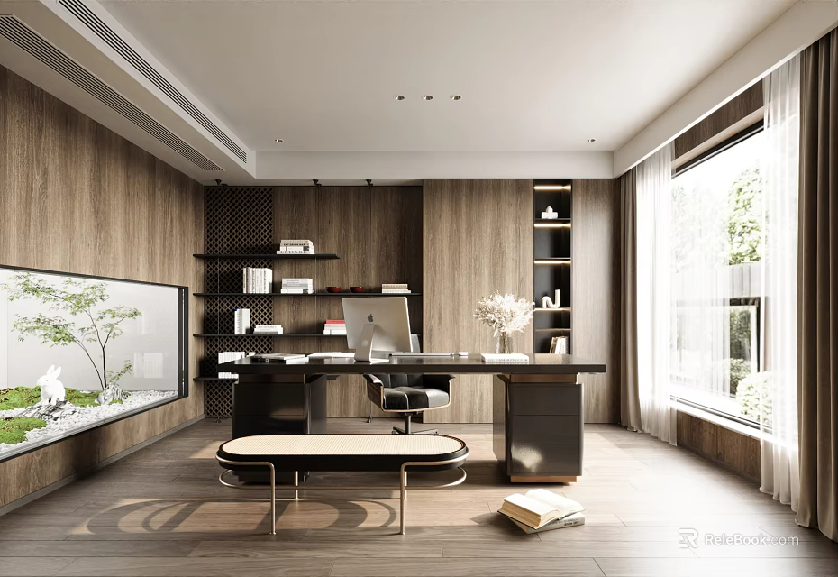 Modern Study Room Interior With Wooden Walls Built-in Bookshelves Desk Computer Natural Light And Bench 3d model 