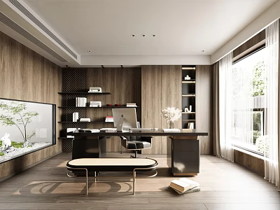 Modern Study Room Interior With Wooden Walls Built-in Bookshelves Desk Computer Natural Light And Bench 3d model