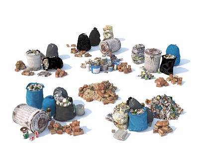 Assorted Waste Collection with Trash Bins Bags Bricks Cans and Paper Items 3d model